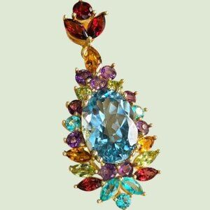 925 Sterling Silver Pendant 1.2x4cm with Natural Topaz, Citrine, Amethyst Gems